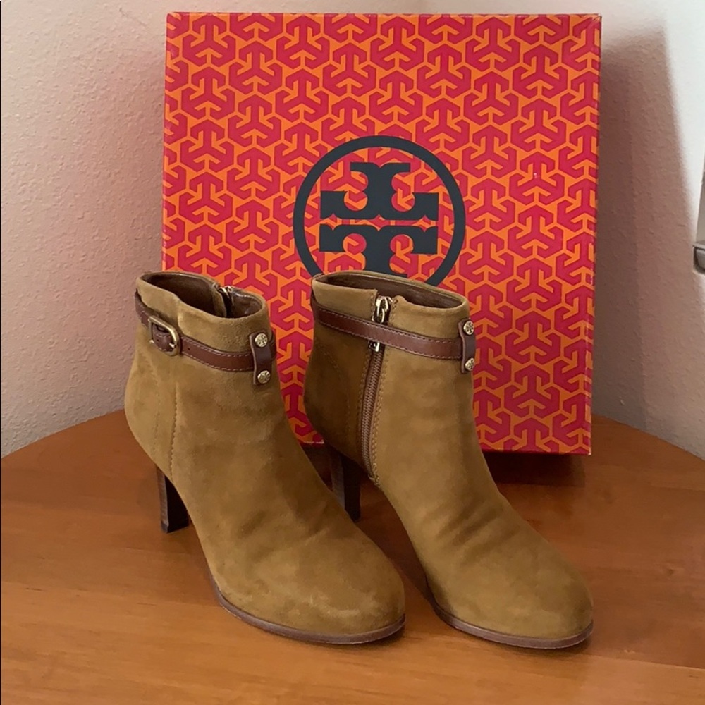 Tory Burch Camel Suede Ankle Booties with Leather Trim